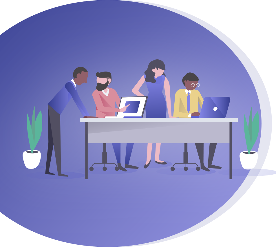 A finance and operations team working together at a shared desk